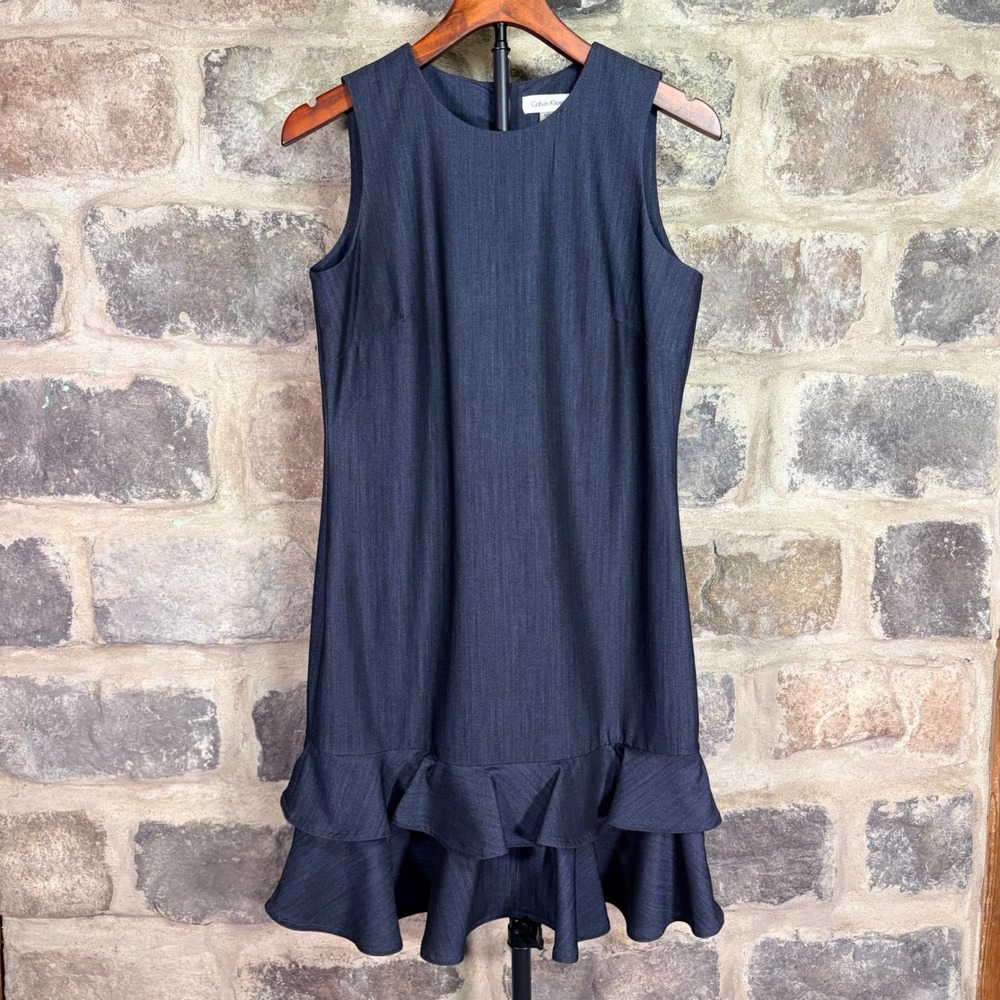 Calvin Klein Womens Navy Blue Tiered Ruffle Hem Shift Dress Office Chic Size 4
